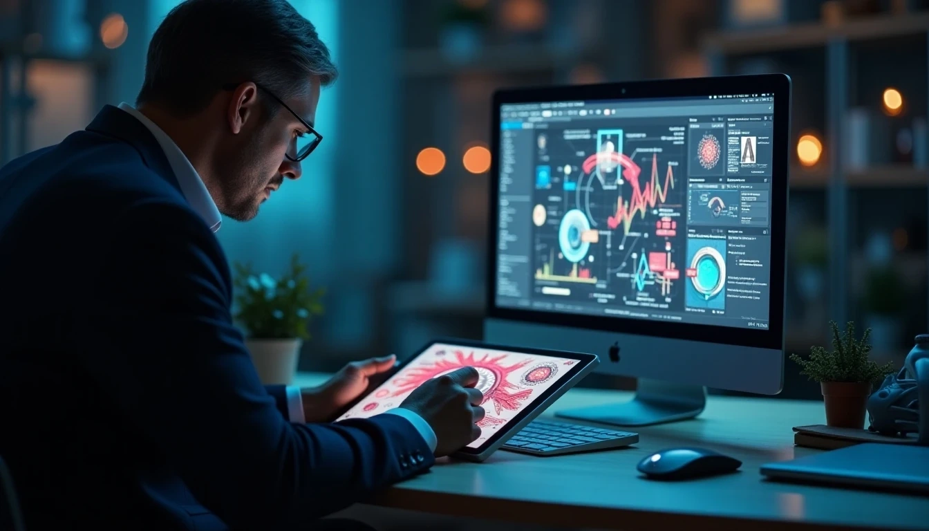 A modern 3D designer integrating traditional and AI tools, working on a tablet or computer with interface that blends complex software and AI generation features, showcasing seamless hybrid workflow.