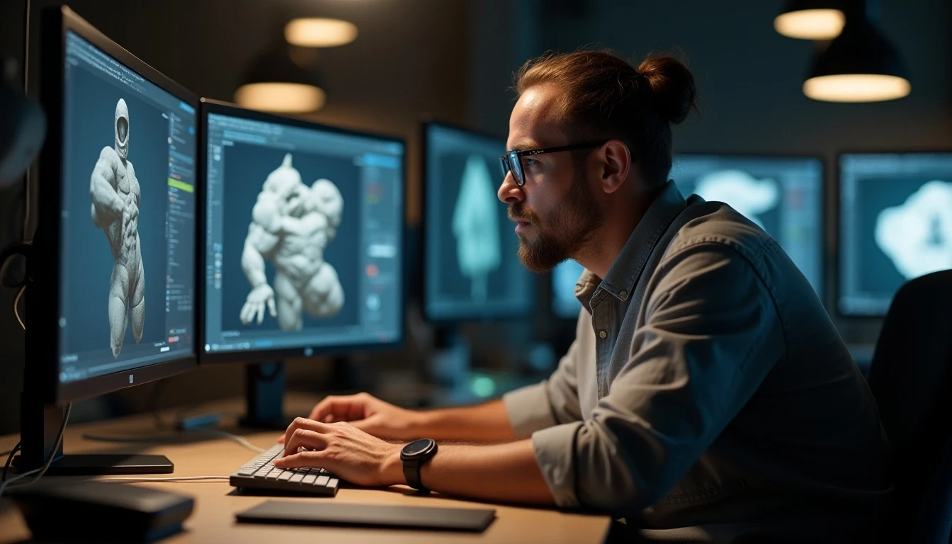 A traditional 3D modeler deeply immersed in complex model creation, with professional software interface displayed on screen, showcasing exquisite craftsmanship.