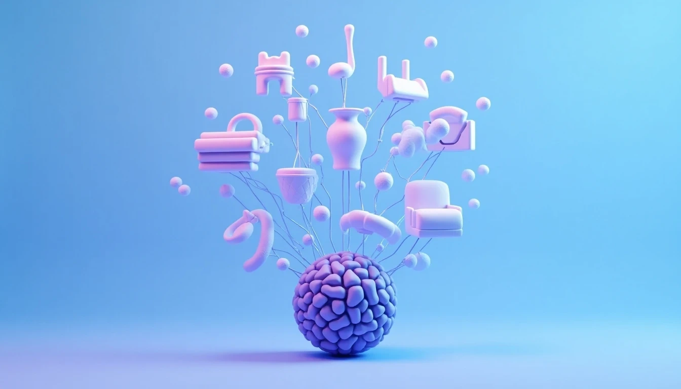 Conceptual image of AI generating 3D models, showing products from different industries emerging from a digital sphere or neural network, symbolizing business optimization and efficiency improvement.