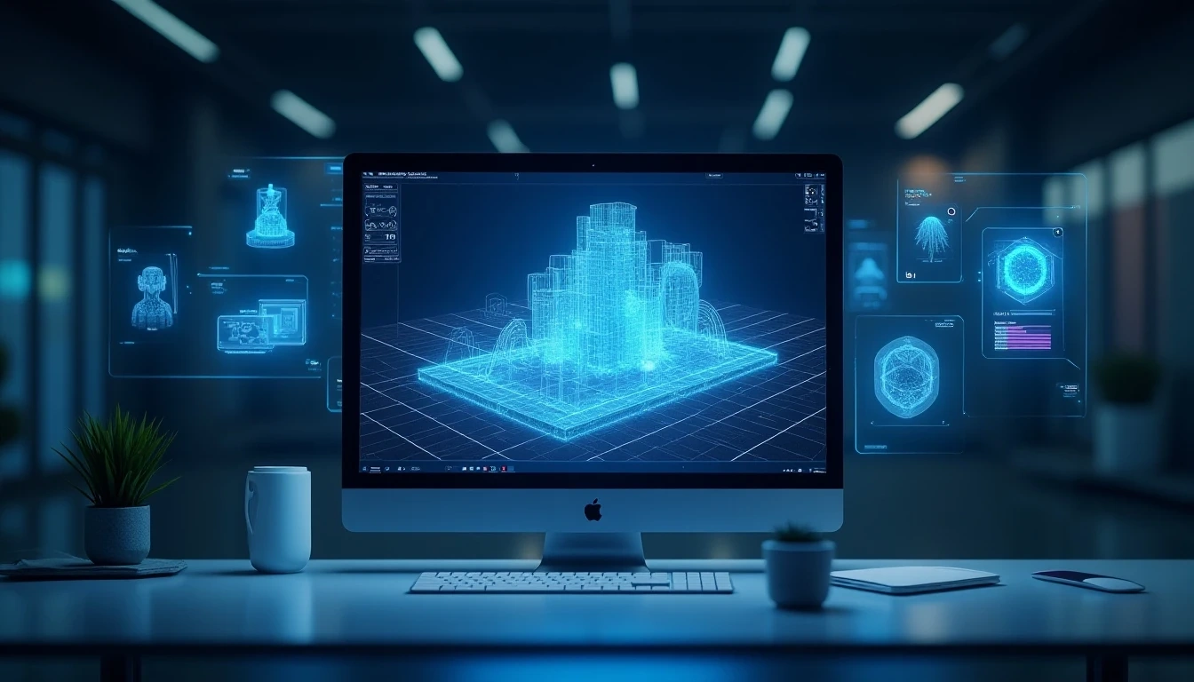 一个未来感的数字工作区,电脑屏幕上显示复杂的3D模型,周围浮动着代表AI处理和创意设计的全息元素,整体感觉创新且易于使用。