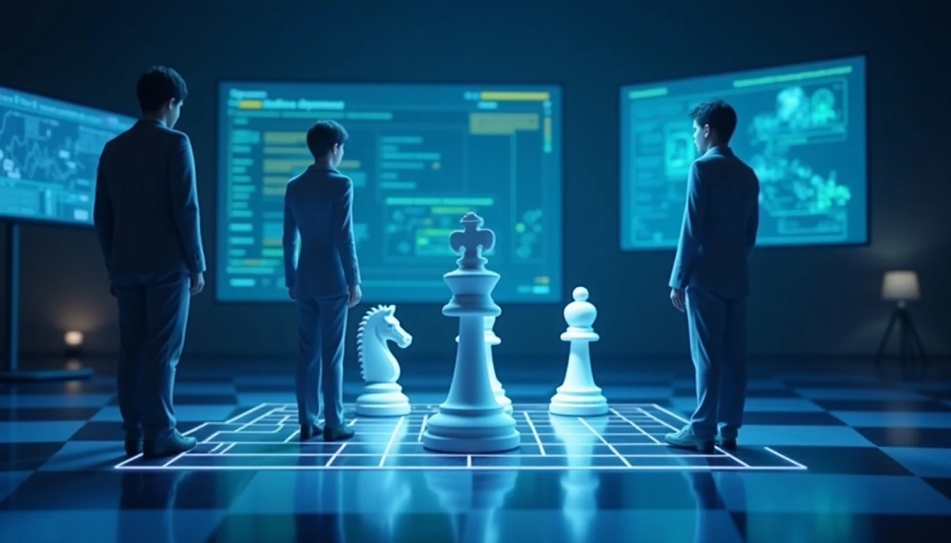 三个人物围绕一个数字棋盘,分别代表AI内容所有权的三种观点:用户、平台开发者和公有领域代表,背景是法律文件和数字屏幕。