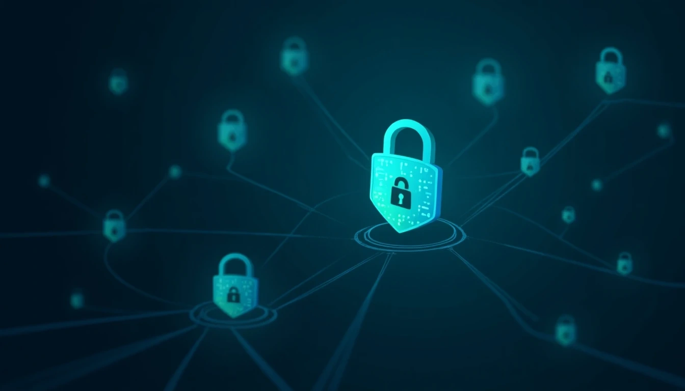 Abstract representation of data security: digital shield protecting flowing data, with padlock icons and blockchain-like structures, in a secure, futuristic environment.