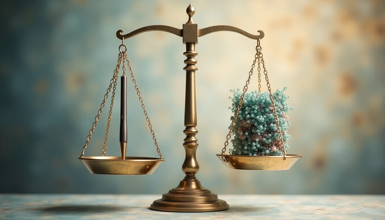 天平的一端是代表人类创造的传统钢笔,另一端是AI生成的数字艺术作品,背景是法律抽象图案,象征AI生成内容的法律框架演变。