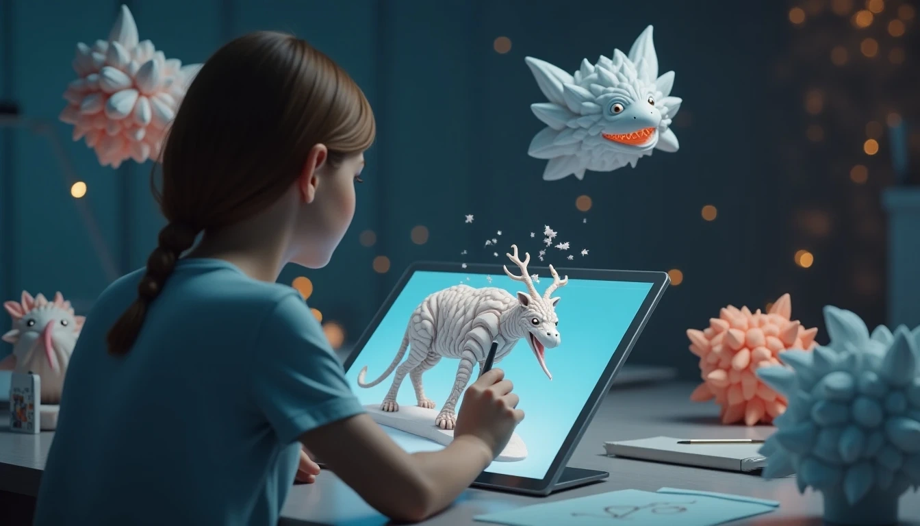 一个协作环境,人类艺术家在平板电脑上精修一个AI生成的3D模型,同时其他AI生成的模型漂浮在周围,象征着AI与传统艺术工作流程的融合。