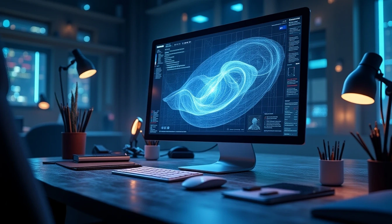 A futuristic digital workspace with a computer screen showing AI-generated 3D models, surrounded by creative tools and a touch of magical quality.
