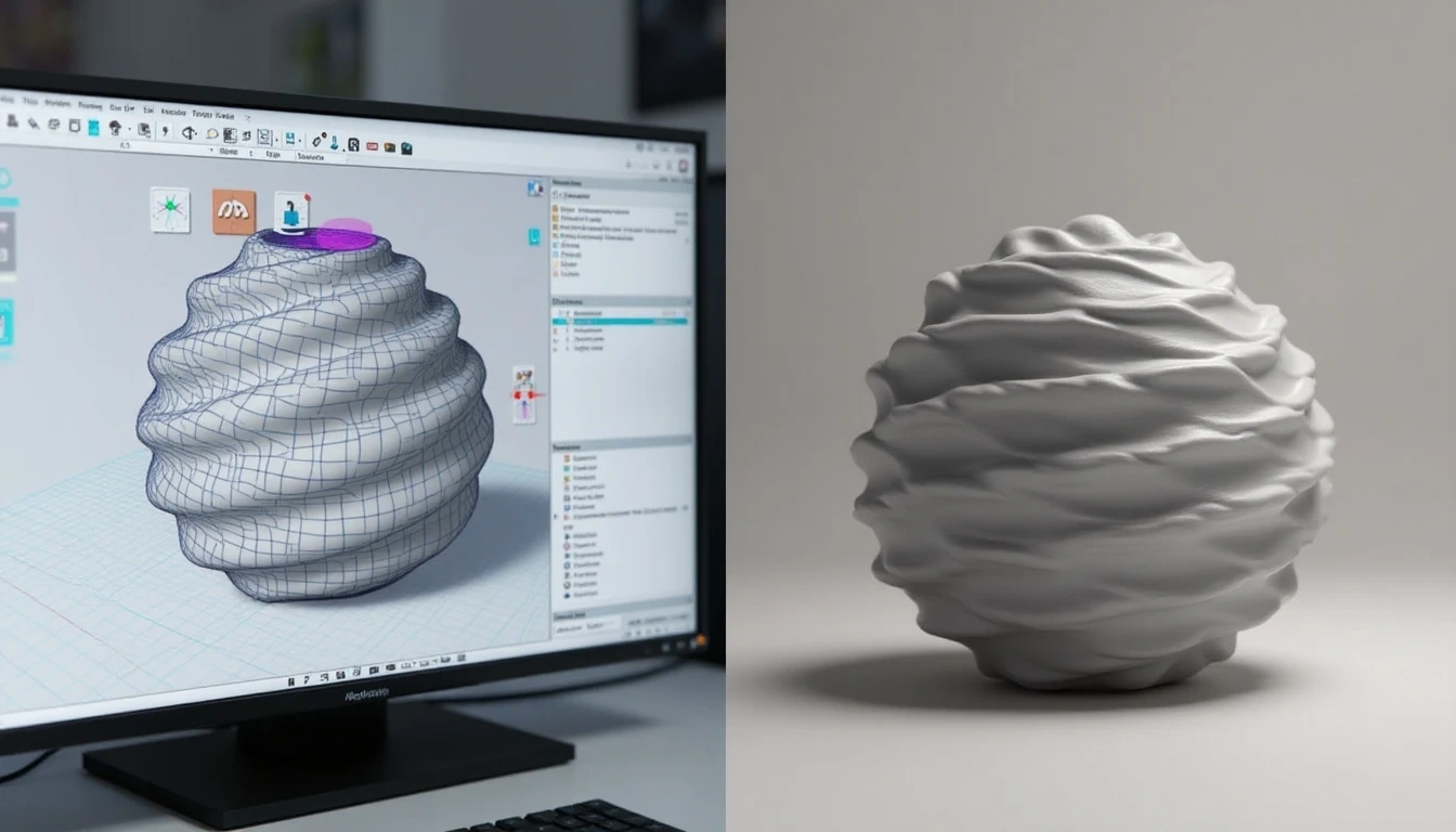 A side-by-side comparison of a 3D model being digitally optimized on a computer screen (showing, for example, Blender or Fusion 360 interface elements) next to a 3D-printed physical object, demonstrating the transition from digital optimization to tangible product. Emphasizes the "checking and optimization" phase through software tools.