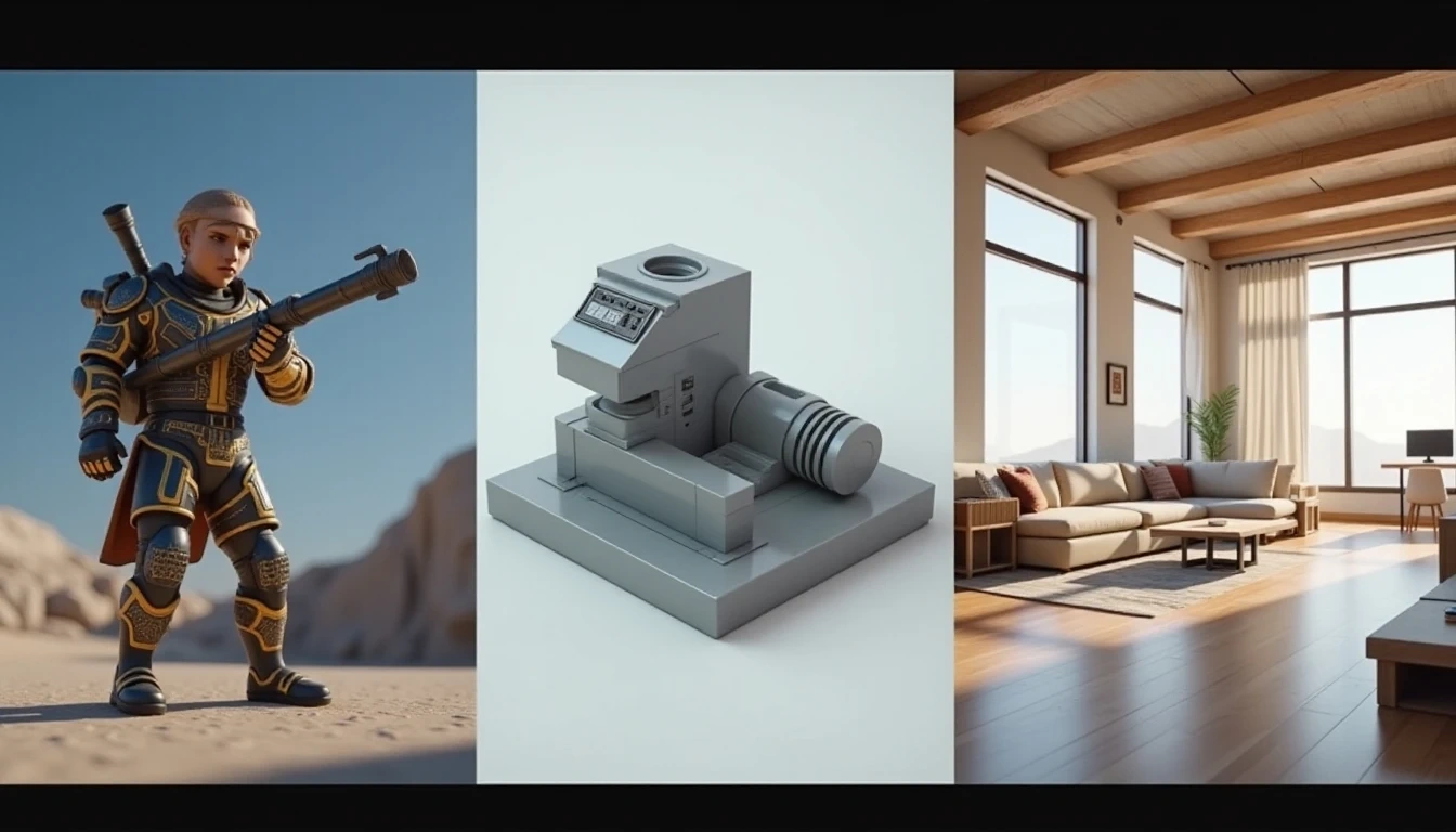 一个分割图像,显示AI生成3D模型在不同应用场景:一幅是游戏环境中带有AI生成道具的角色,另一幅是3D打印机上精细的打印物体,第三幅是带有AI生成家具的建筑渲染图,突出其多功能性。