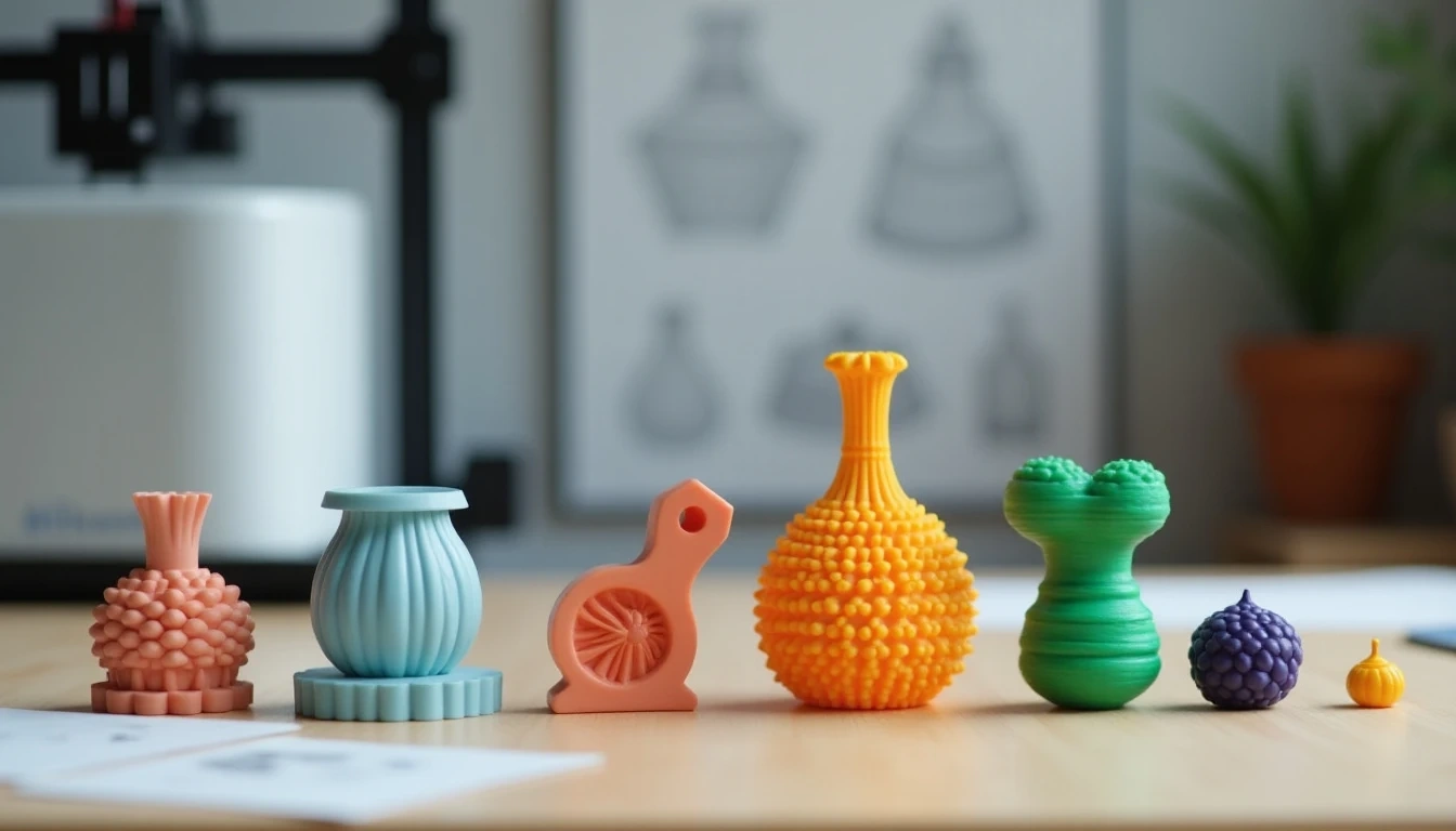 A collection of various 3D-printed objects neatly arranged on a workbench—a decorative vase, a functional tool, and a children's toy, symbolizing the wide range of applications. In the background, slightly blurred, are 3D printers and design sketches, hinting at the complete workflow from idea to finished product.