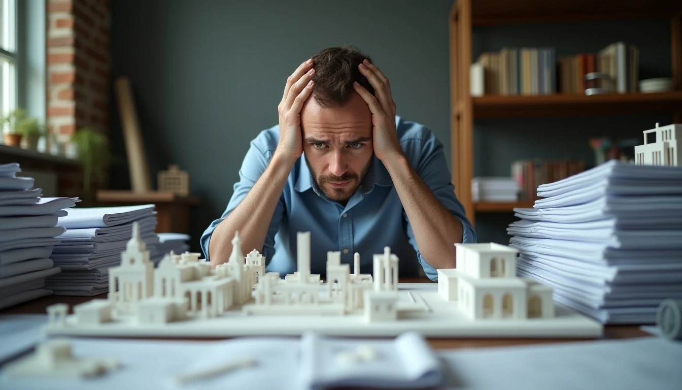 An architect frustrated with a complex traditional 3D model, surrounded by piles of blueprints and design tools, conveying the challenges of traditional modeling.