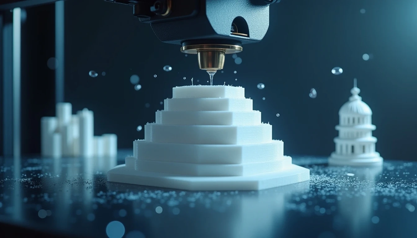 一台3D打印机正在动态地打印一个复杂的物体。背景中,巧妙地叠加或合成着一个视频游戏角色、一栋建筑和一个消费产品等元素,代表AI生成3D模型在现实世界中的多样化应用。