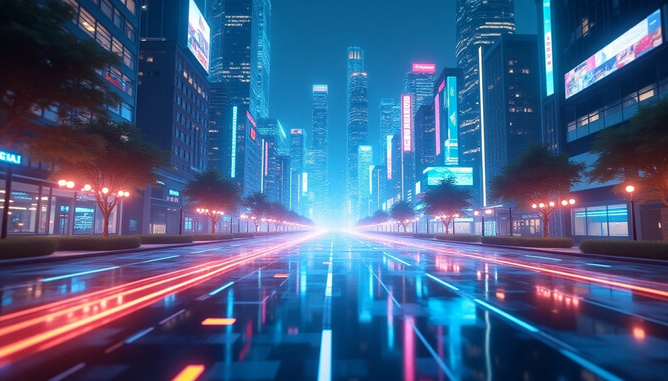 一个充满活力和未来感的城市场景,包含全息元素和先进技术,代表尖端AI 3D生成能力和未来应用。强调复杂场景生成和整合数字内容。