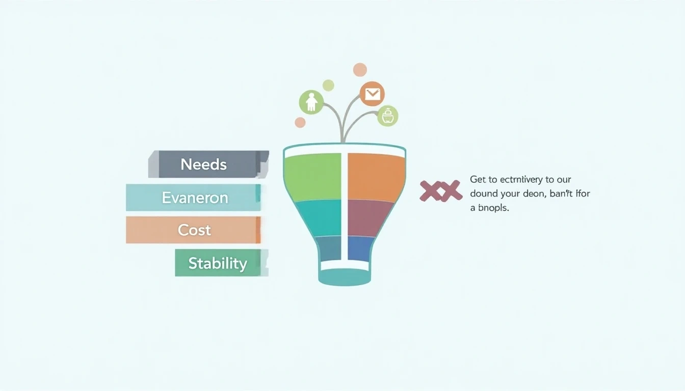 一个决策漏斗图,不同颜色段落代表“需求”、“评估”、“成本”、“稳定性”,最终导向精炼输出,简洁信息图风格。