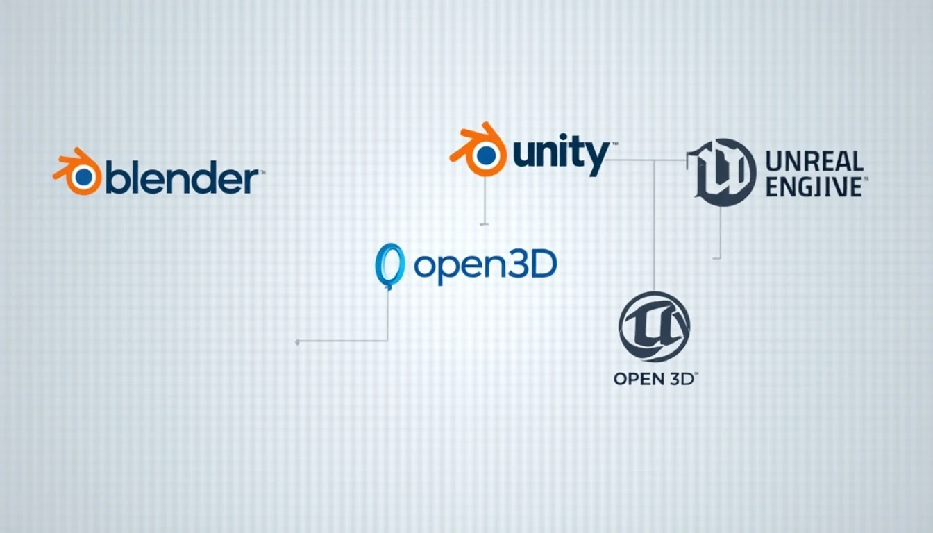 Open3D brand logo overlaid with logos of professional software like Blender, Unity, Unreal Engine, connected by seamless connection lines indicating integration, showcasing its interoperability.