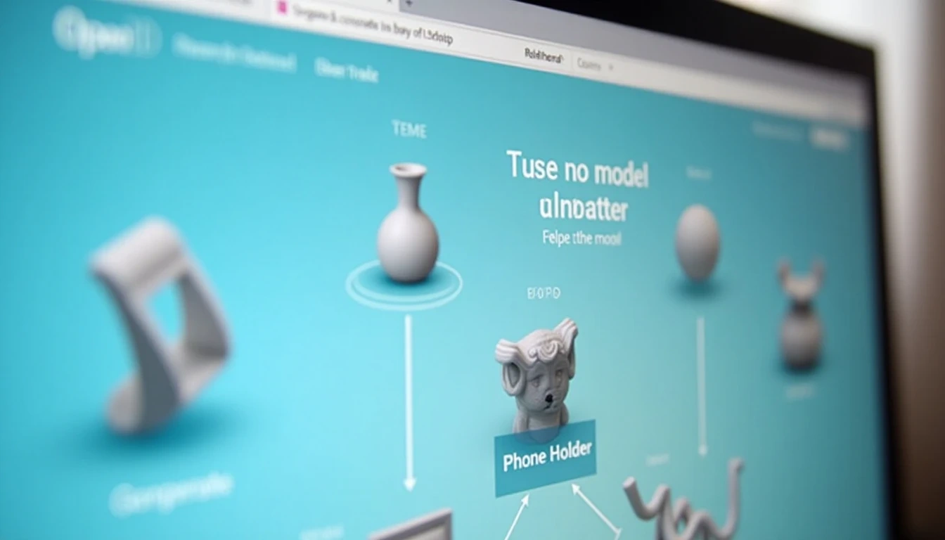 Close-up of a computer screen showing the Open3D.art website interface generating a 3D model, surrounded by icons of various 3D printable models (like vases, phone stands, sculptures). The interface is clean and user-friendly, highlighting the convenience and speed of model generation.