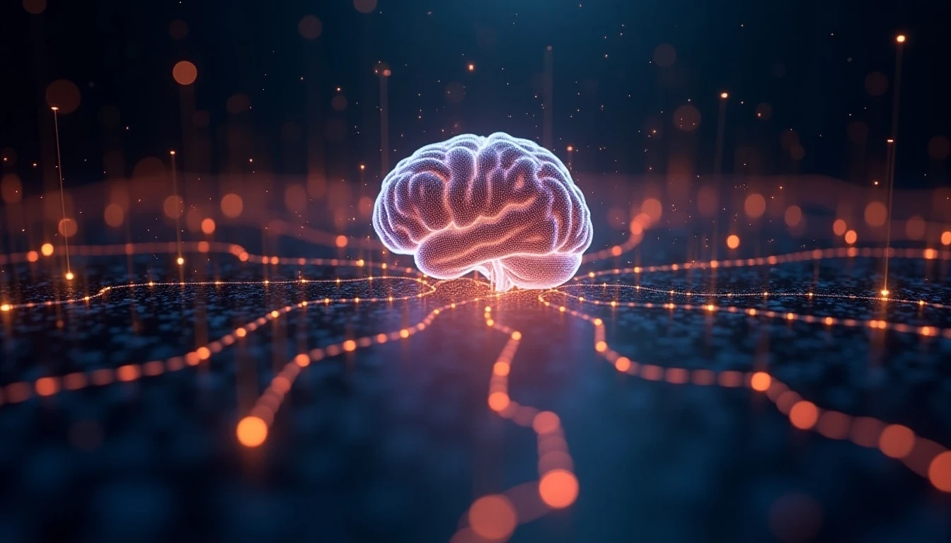 AI正在生成3D模型,抽象的线条和节点连接到一个中央AI大脑,周围是发光的数据流,营造出创造和复杂的视觉效果。