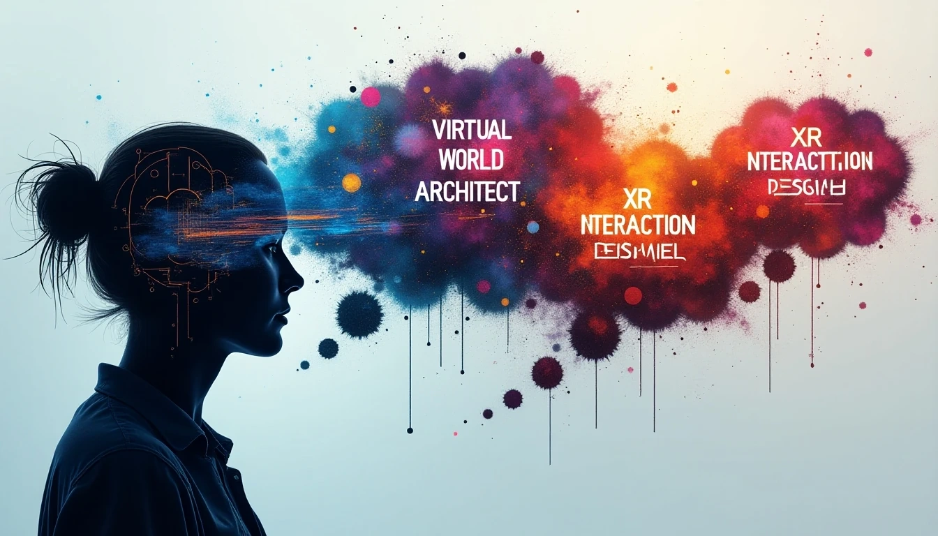 抽象地表现3D设计行业中不断演变的技能要求,一个人物剪影上方有重叠的气泡,分别代表“AI提示工程师”、“虚拟世界架构师”和“XR交互设计师”,技术与艺术元素融合,色彩生动且充满活力。