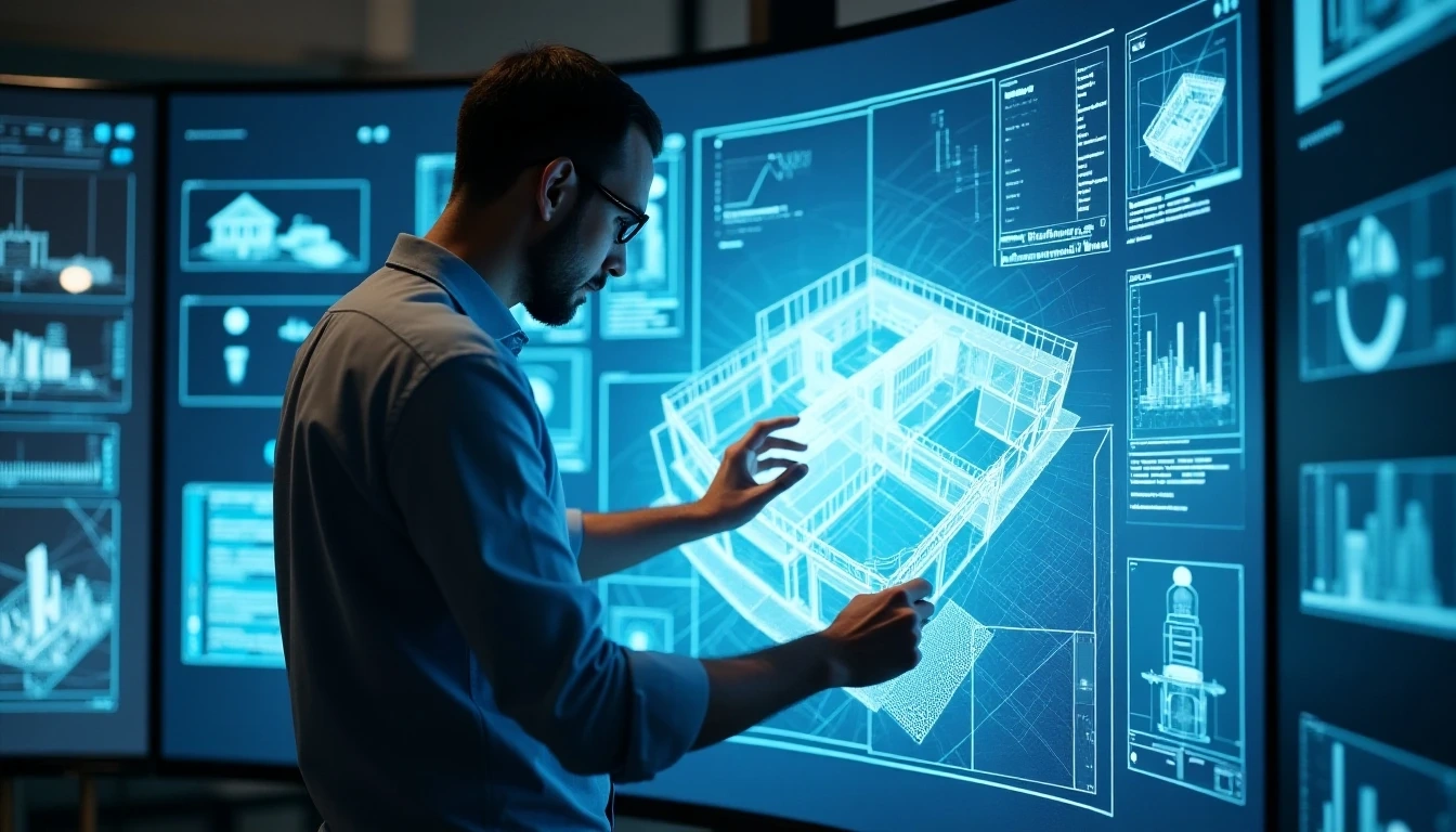 A modern architect working on 3D models on a large monitor, surrounded by digital architectural elements and AI interfaces, showcasing efficiency and innovation.