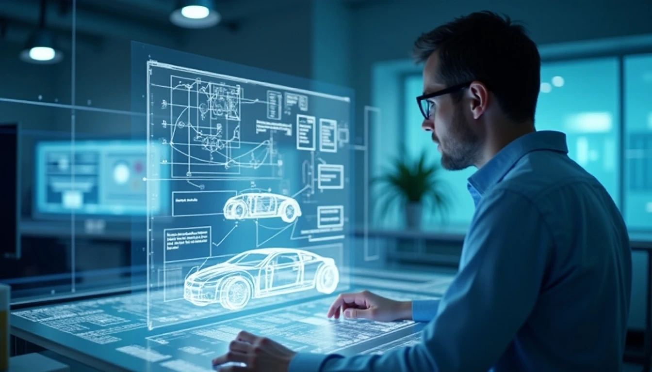 制造业快速原型设计概念图:设计师或工程师观看汽车零件或电子设备的3D模型在未来感屏幕上快速生成,背景是工业设计工作室,象征快速迭代和创新。