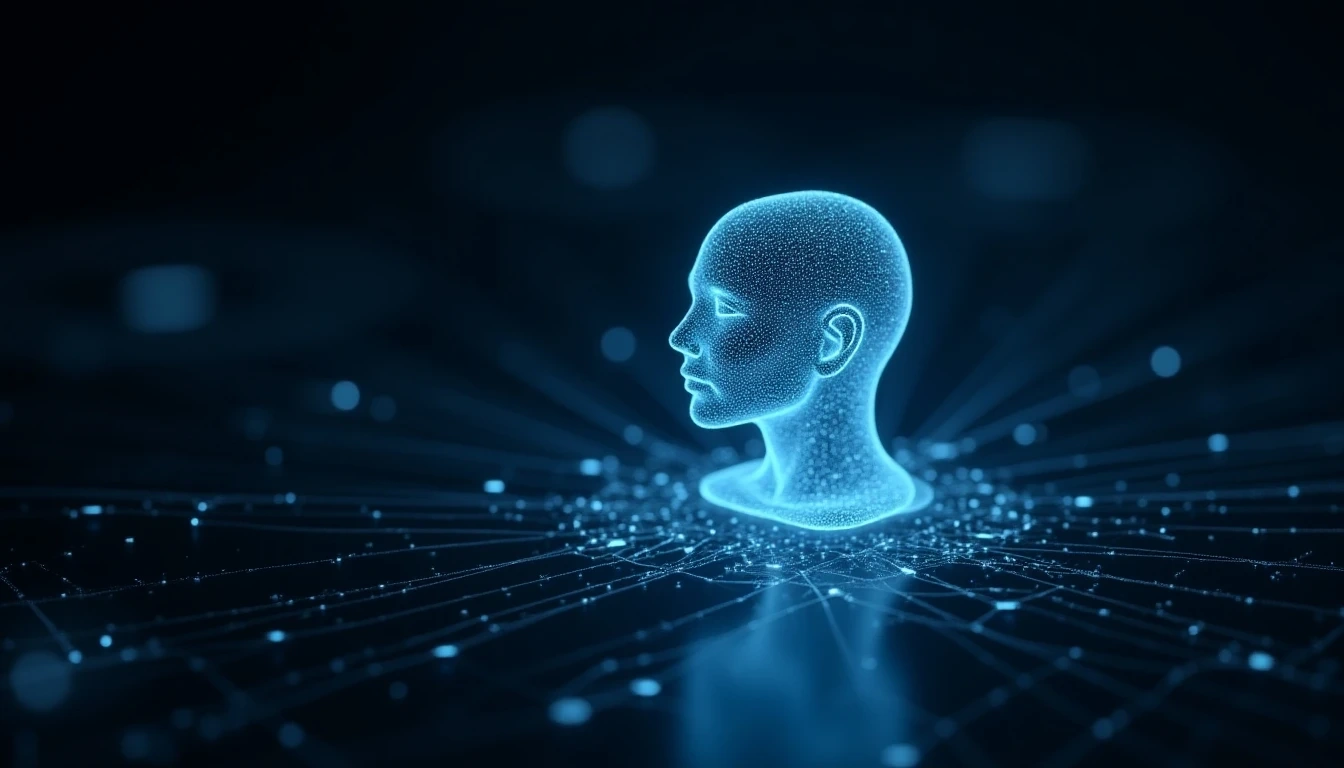 An abstract, futuristic image showing AI generating complex 3D models from text prompts, with neural lines connecting text to holographic 3D objects, set against a dark high-tech background.