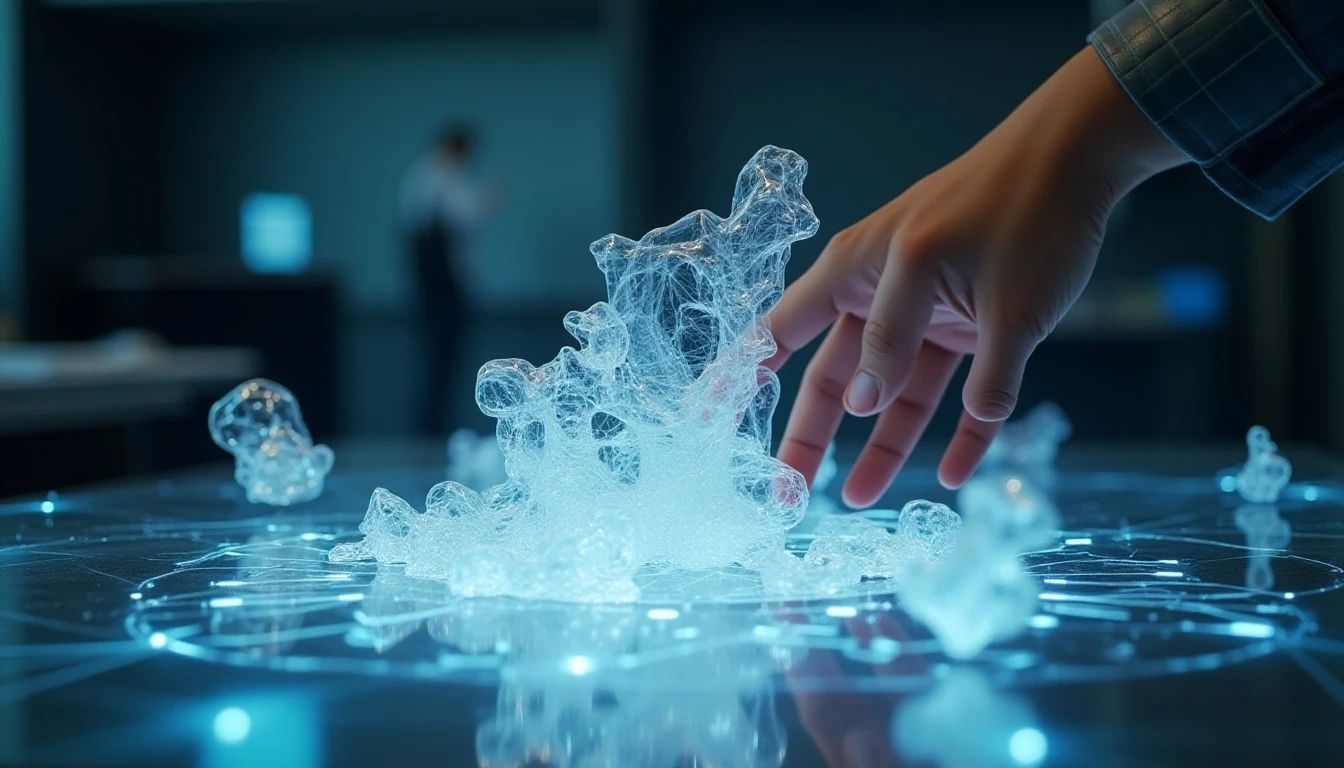 生成式AI根据文字、图片、语音、手势等多模态输入创造复杂3D模型,一只手与全息界面互动,流动的有机形态不断演变,未来感的工作室环境,伴有数字光迹。