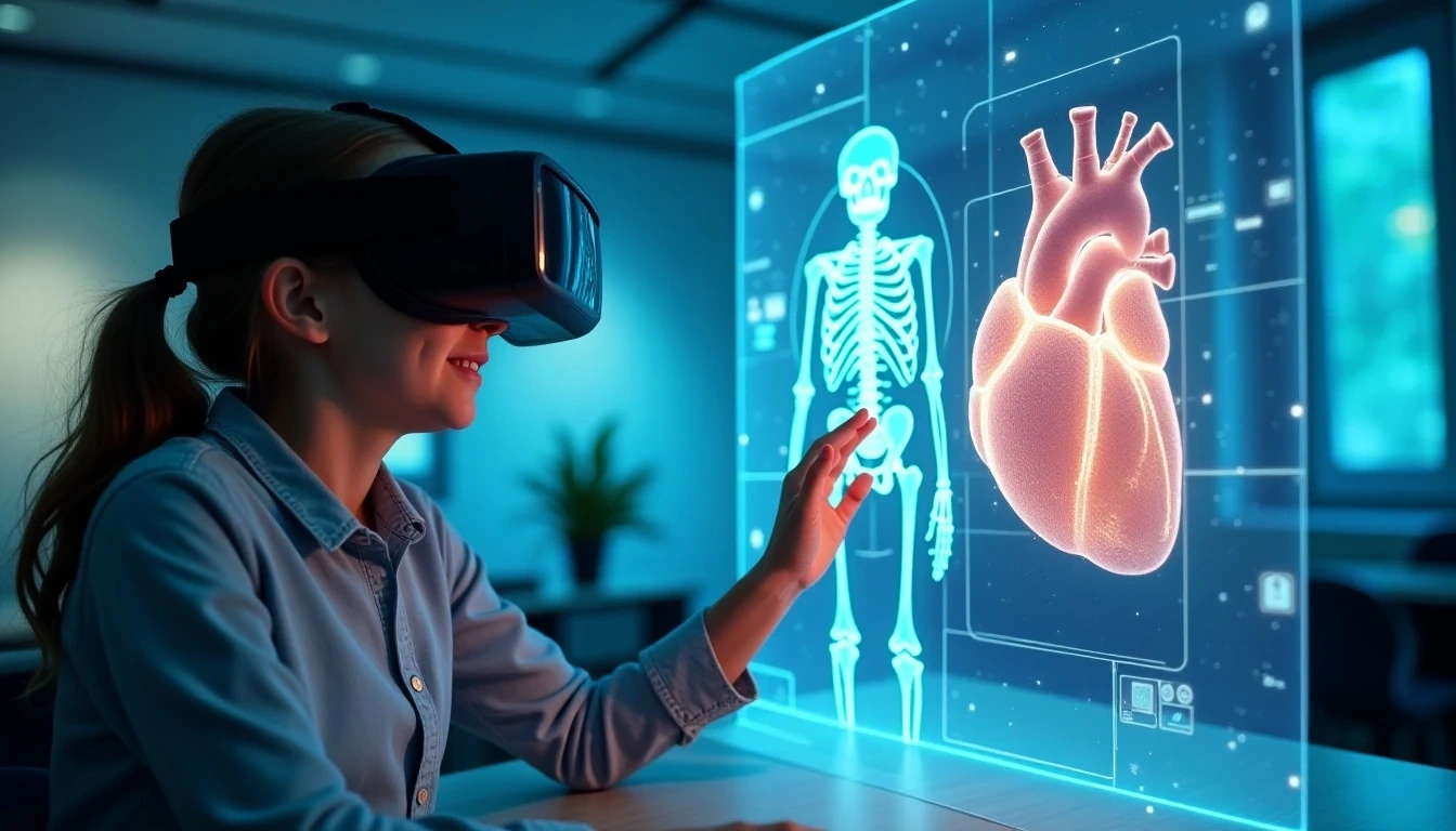 教育领域沉浸式学习体验:学生戴着VR头显与高度详细的人体器官或古代文物全息3D模型互动,置身于未来感教室中,展现引人入胜的学习环境。