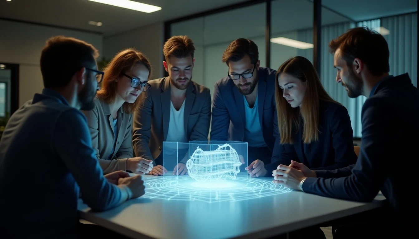 A diverse group of designers and developers collaborating and discussing around a holographic 3D model in a modern, bright office environment, highlighting teamwork.