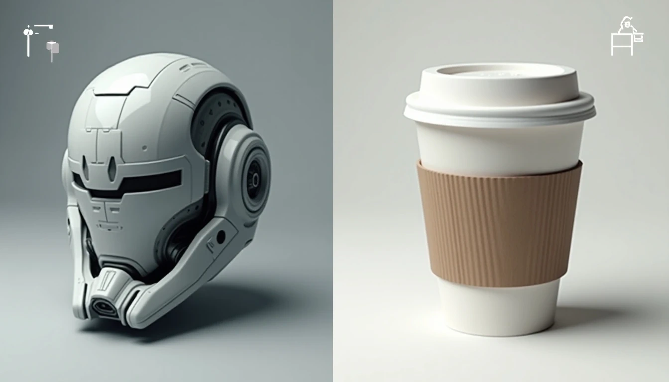 两个3D模型的并排对比图:一个模型来自文本输入(例如,一个科幻机器人头盔旁边带有提示文本框图标),另一个模型来自照片(例如,一个咖啡杯旁边带有相机图标),展示平台的多功能性。可见简洁的用户界面元素。