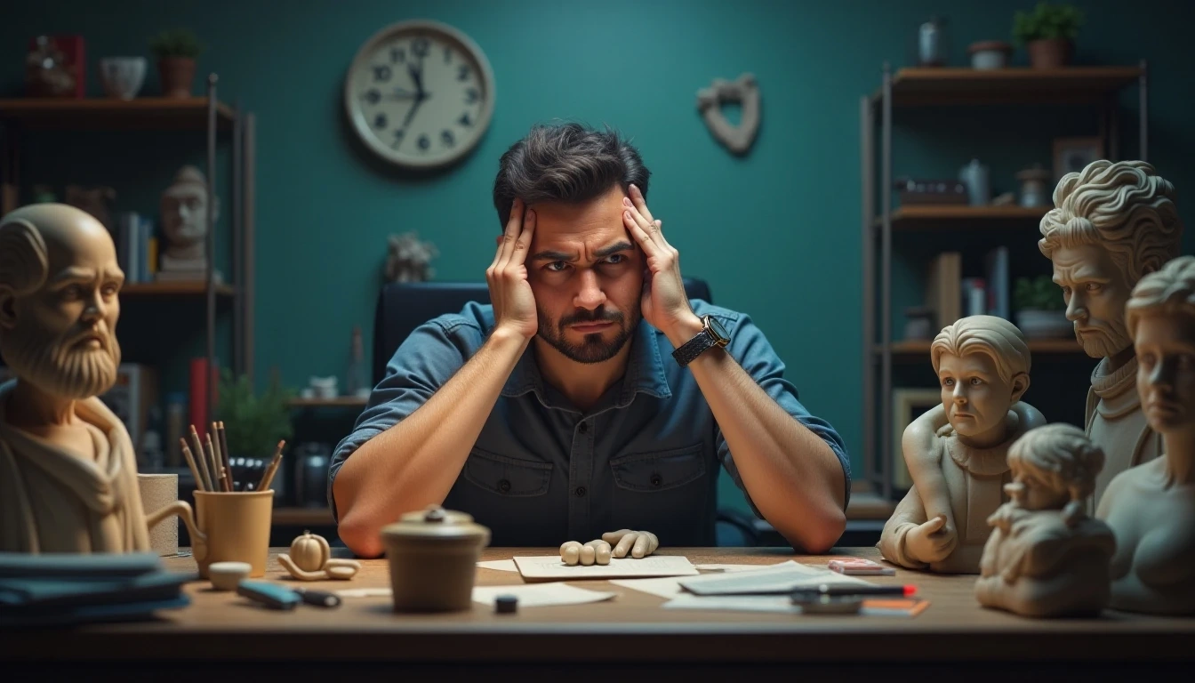 An independent indie game developer struggling at a desk full of complex 3D models and art tools, looking stressed, representing the challenges of traditional asset creation.