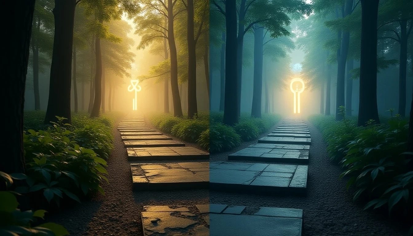 一张分割或双重视角的图片,展示两条路径:一条路径停滞不前、杂草丛生,代表“被淘汰”;另一条路径明亮、现代,并向上延伸,带有发光的AI符号,代表“拥抱变革和进步”。