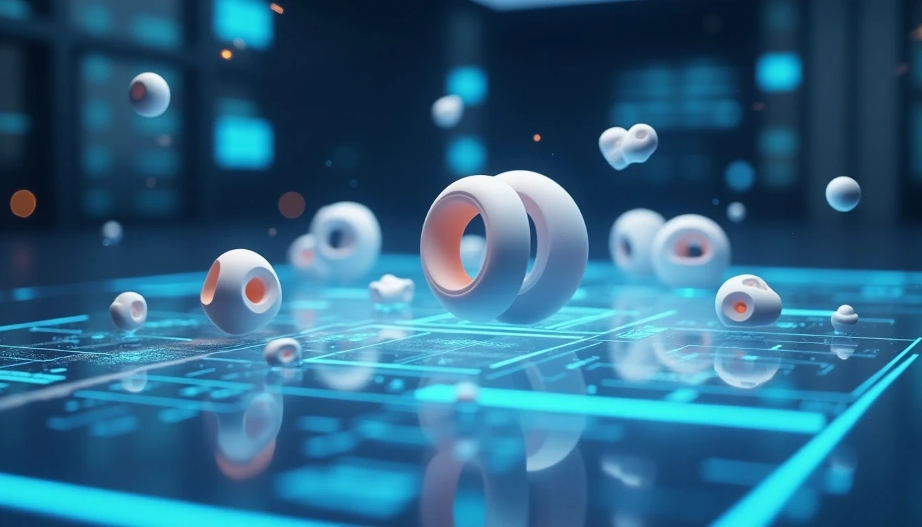 A futuristic digital workspace with user interfaces floating around various 3D models, representing AI-generated 3D content creation.