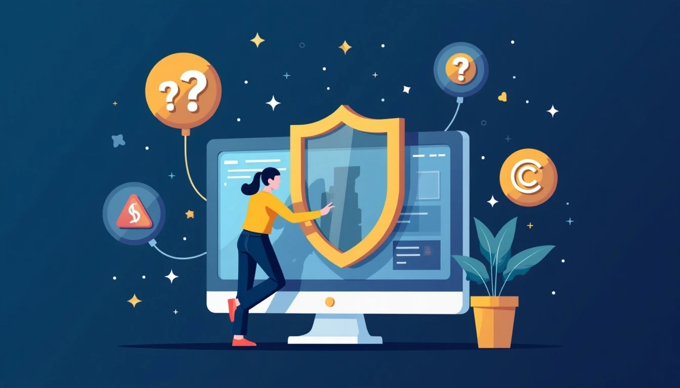 一个盾牌保护着设计师在数字屏幕上处理3D模型,周围浮动着风险图标(问号、版权符号、警示牌),象征商业使用中的风险评估和缓解策略。