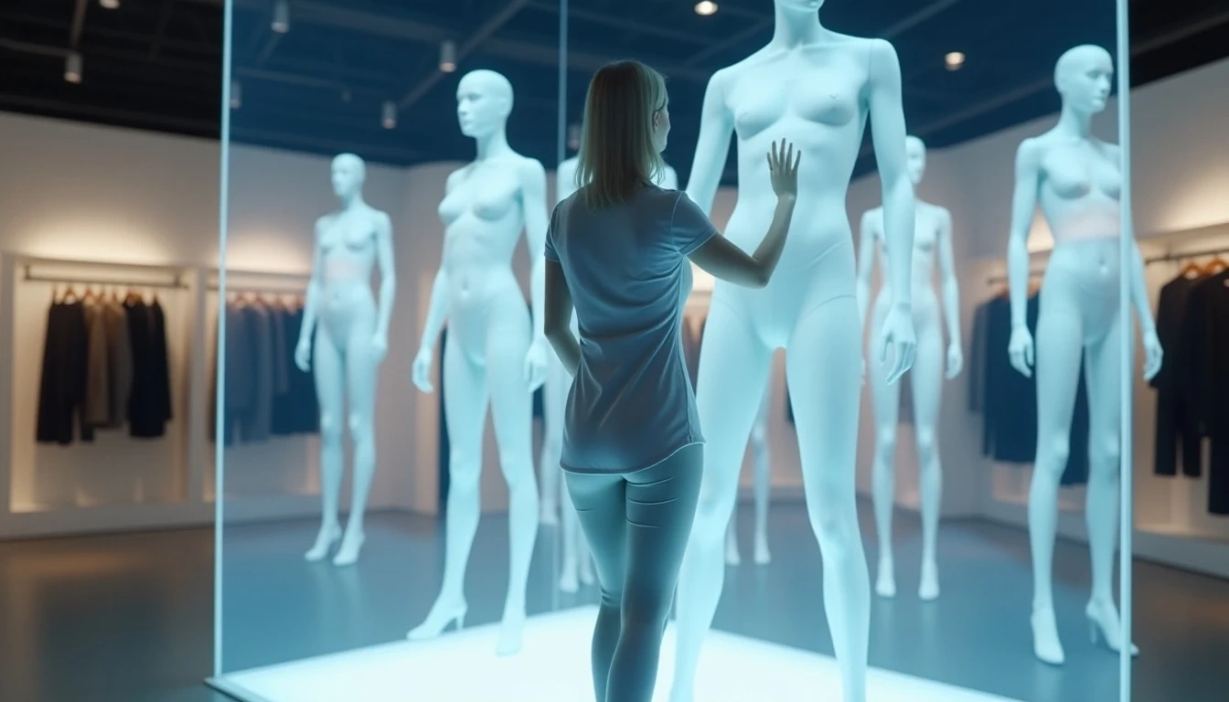 未来零售体验:顾客通过透明屏幕或增强现实技术虚拟试穿服装,逼真的3D服装模型贴合身体,置身于现代简约的零售空间,象征智能购物和个性化体验。