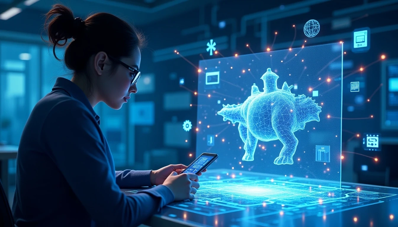 一位3D设计师正在观察全息3D模型,周围环绕着AI工具和数据流,象征AI在3D设计中的整合。背景是未来感的高科技工作室。