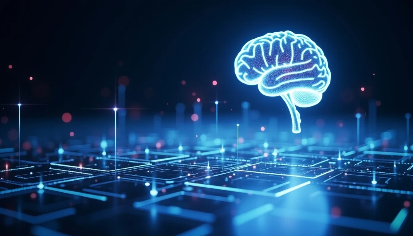 AI-powered 3D modeling concept. Futuristic interface quickly generates 3D models from text or images, with glowing neural network symbols in background, emphasizing speed and convenience.