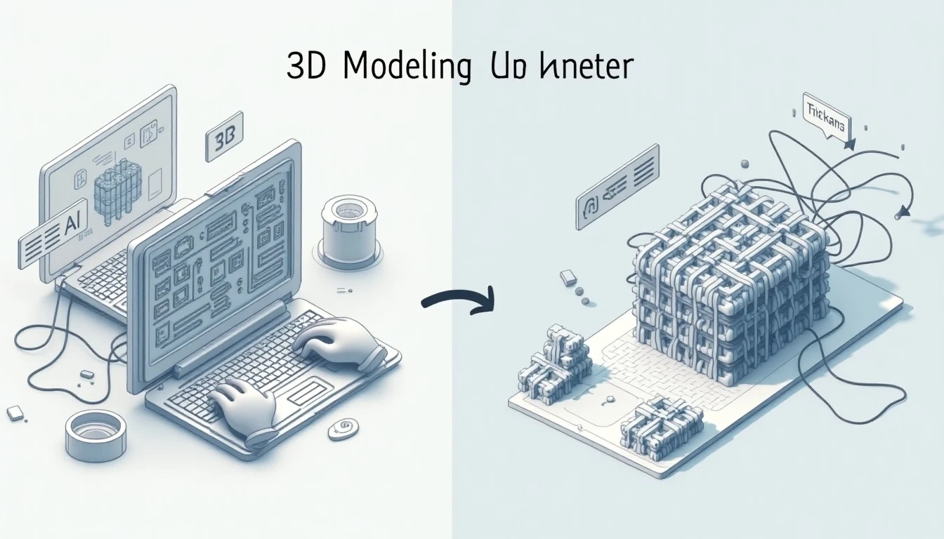传统3D建模与AI建模的工作流对比:一侧是复杂的传统软件界面和沮丧的人手;另一侧是简洁的AI界面,一个文本框和迅速生成的复杂3D模型,突出速度和便捷。