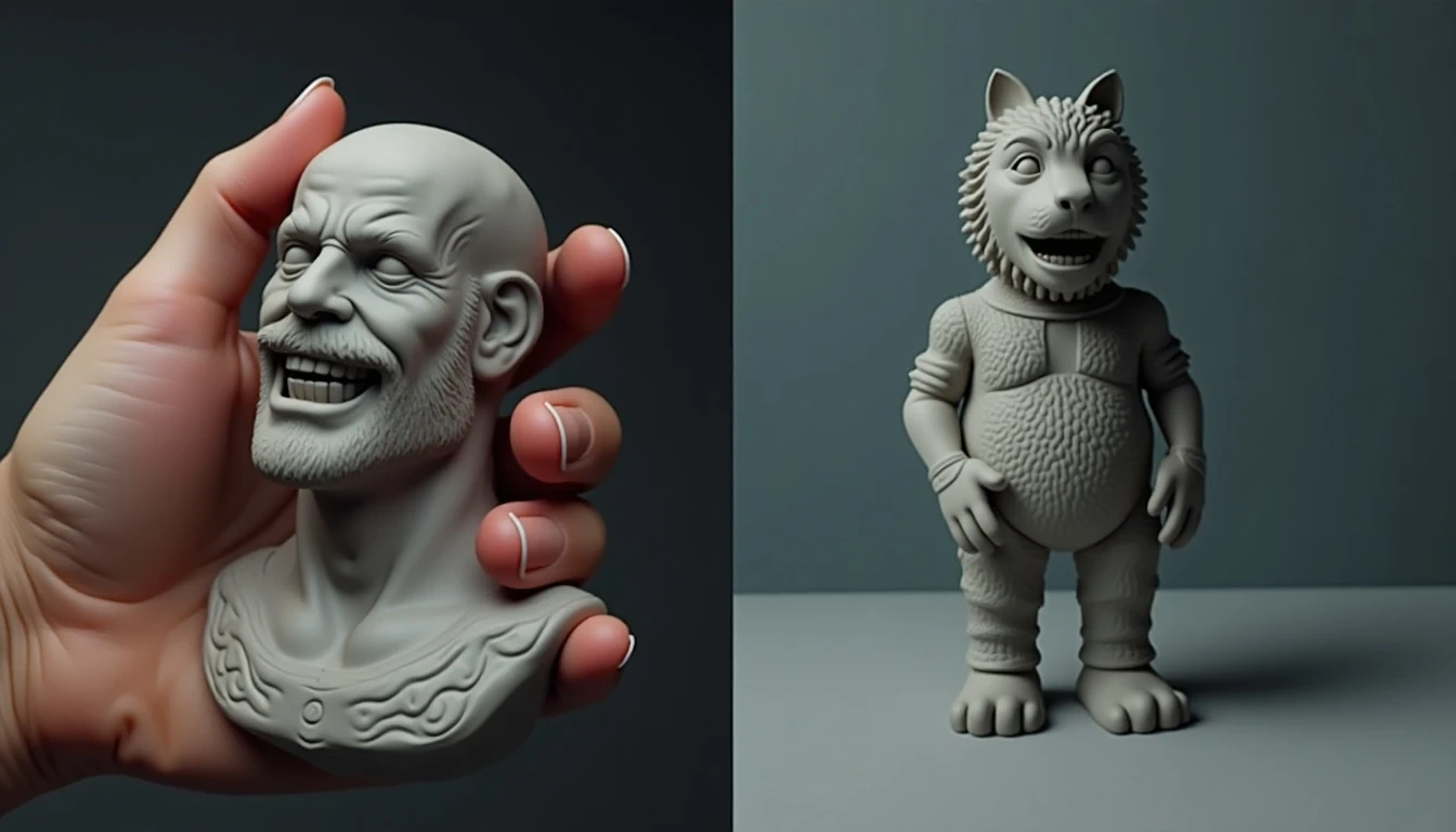 Split-screen comparison: one side shows hand-crafted detailed digital character representing traditional modeling; the other shows text input instantly generating basic 3D model representing AI modeling, emphasizing the contrast between speed and control.