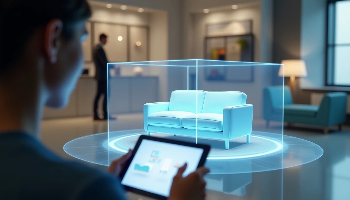 电商产品展示革命概念图:沙发或其他家具的全息3D模型在一个虚拟展厅中旋转,顾客通过平板与3D模型互动,展现现代数字购物体验。