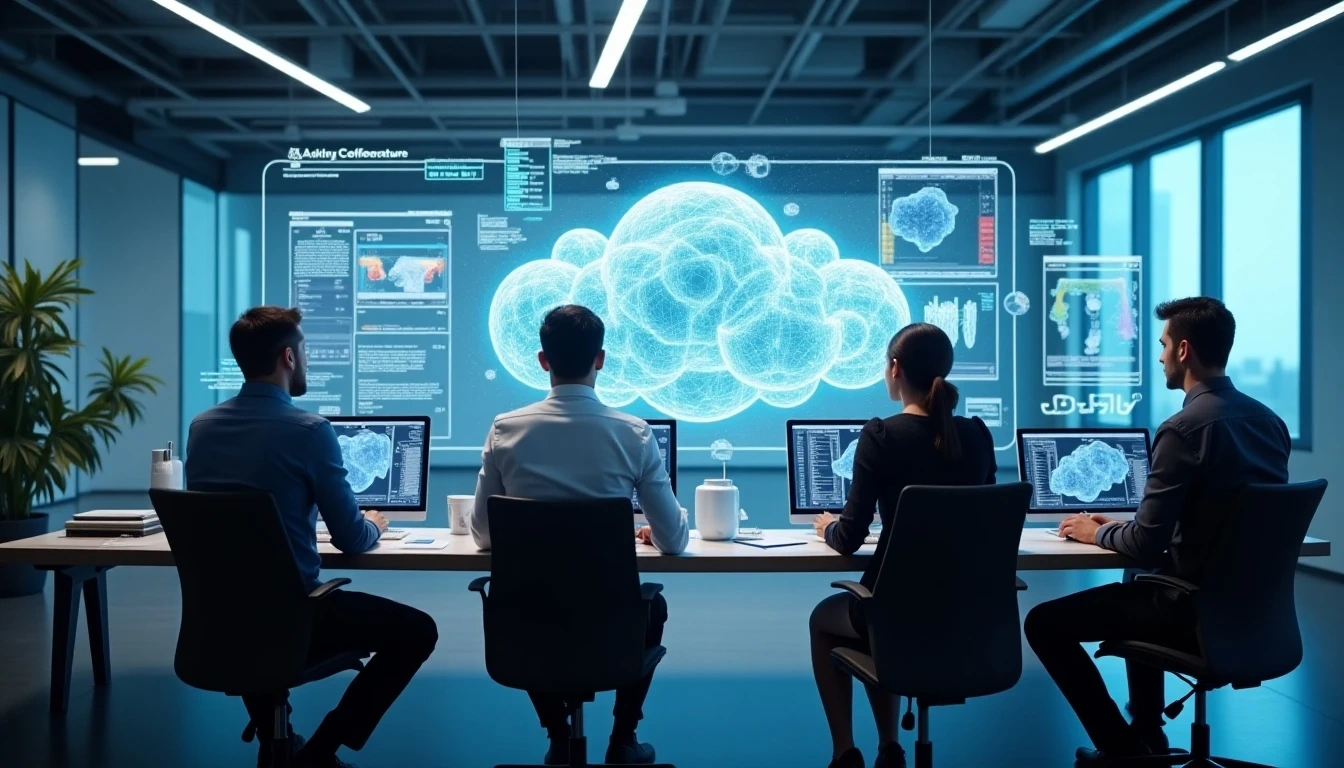 一群设计师在一个未来感的云端3D设计平台上协作,多个用户在屏幕上实时编辑同一个复杂的3D模型,全息显示屏,展示无缝的全球协作,明亮通风的专业办公环境。