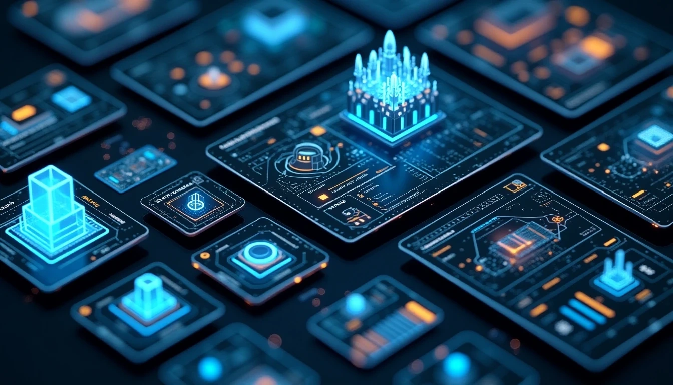 Various 3D models and platforms displayed across multiple screens, compared through charts and data, featuring a futuristic digital art interface.