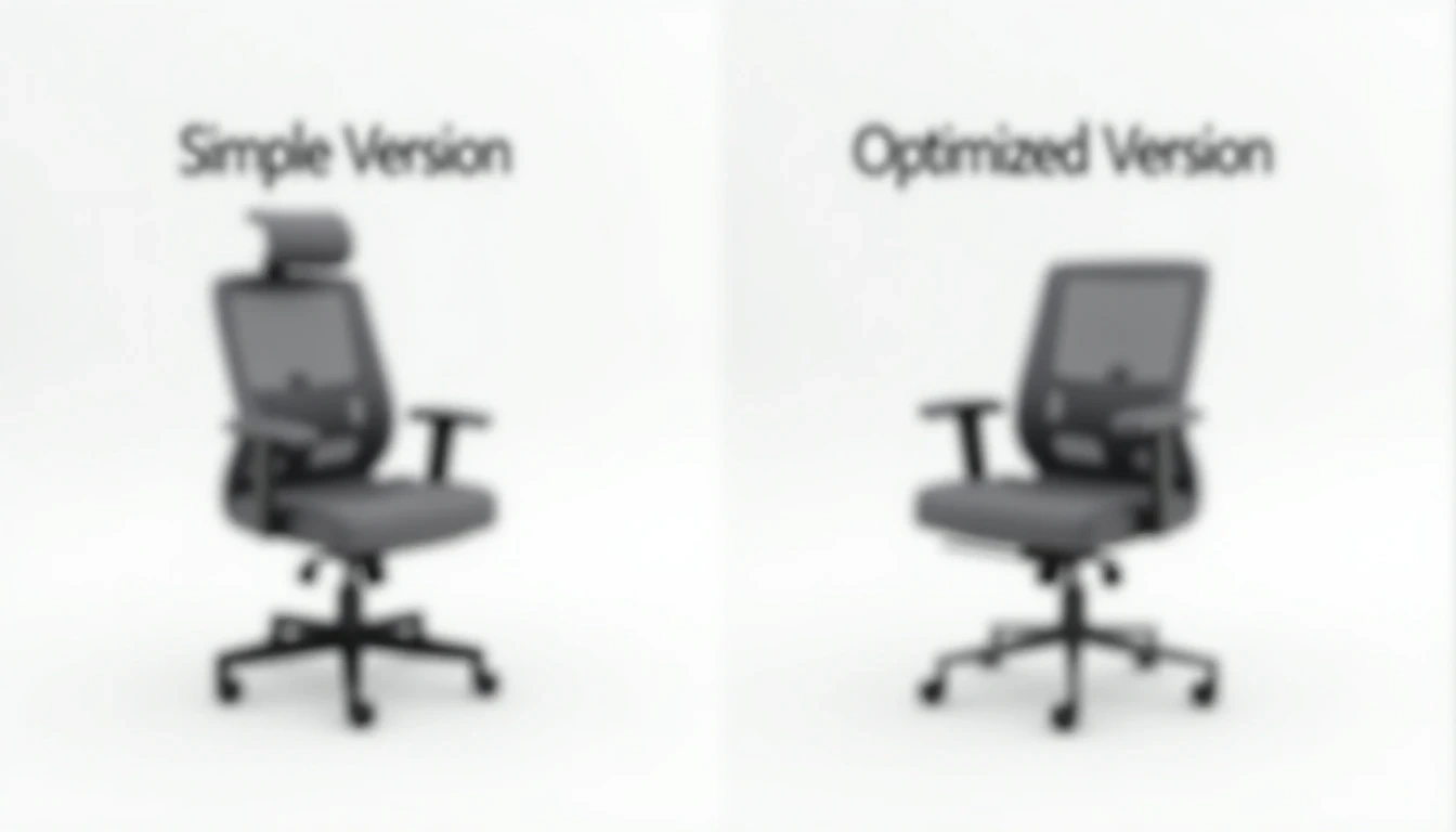 左右对比图:左侧是一个简单、低质量的3D椅子,标有'❌ 简单版本';右侧是一个经过优化、细节丰富、符合人体工程学的现代办公椅,标有'✅ 优化版本',材质纹理清晰,几何结构复杂,背景简洁。