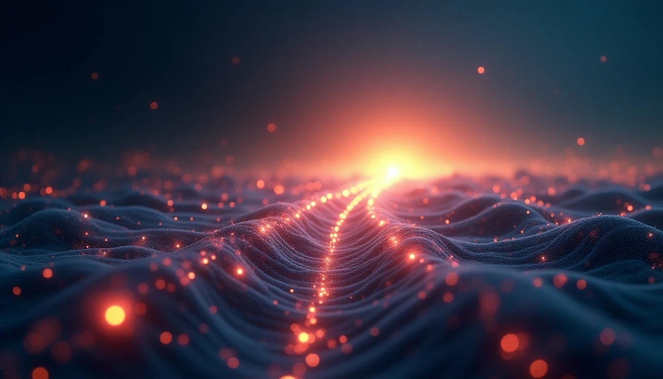 抽象乐观的“通往未来之路”可视化。它具有发光的数据点和线条,形成一个通往遥远明亮地平线的轨迹,细微的3D生成元素无缝融入数字景观。