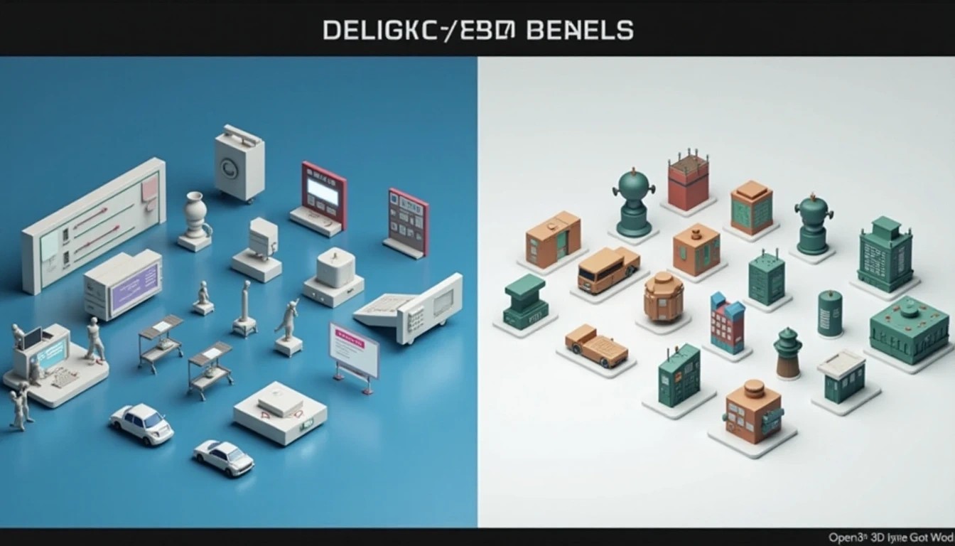 分屏对比两个独立的3D设计环境:一侧展示Spline AI的网页协作界面及多用户,另一侧展示Open3D更简洁、直接的3D生成界面,显示不同类型的对象。巧妙地通过视觉隐喻强调它们的不同优势(网页设计与通用建模)。