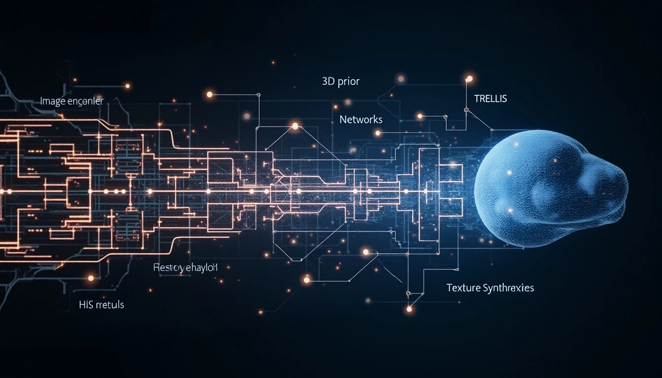 Abstract visualization of the TRELLIS model architecture, showing its hierarchical components and data flow toward building high-quality 3D models.