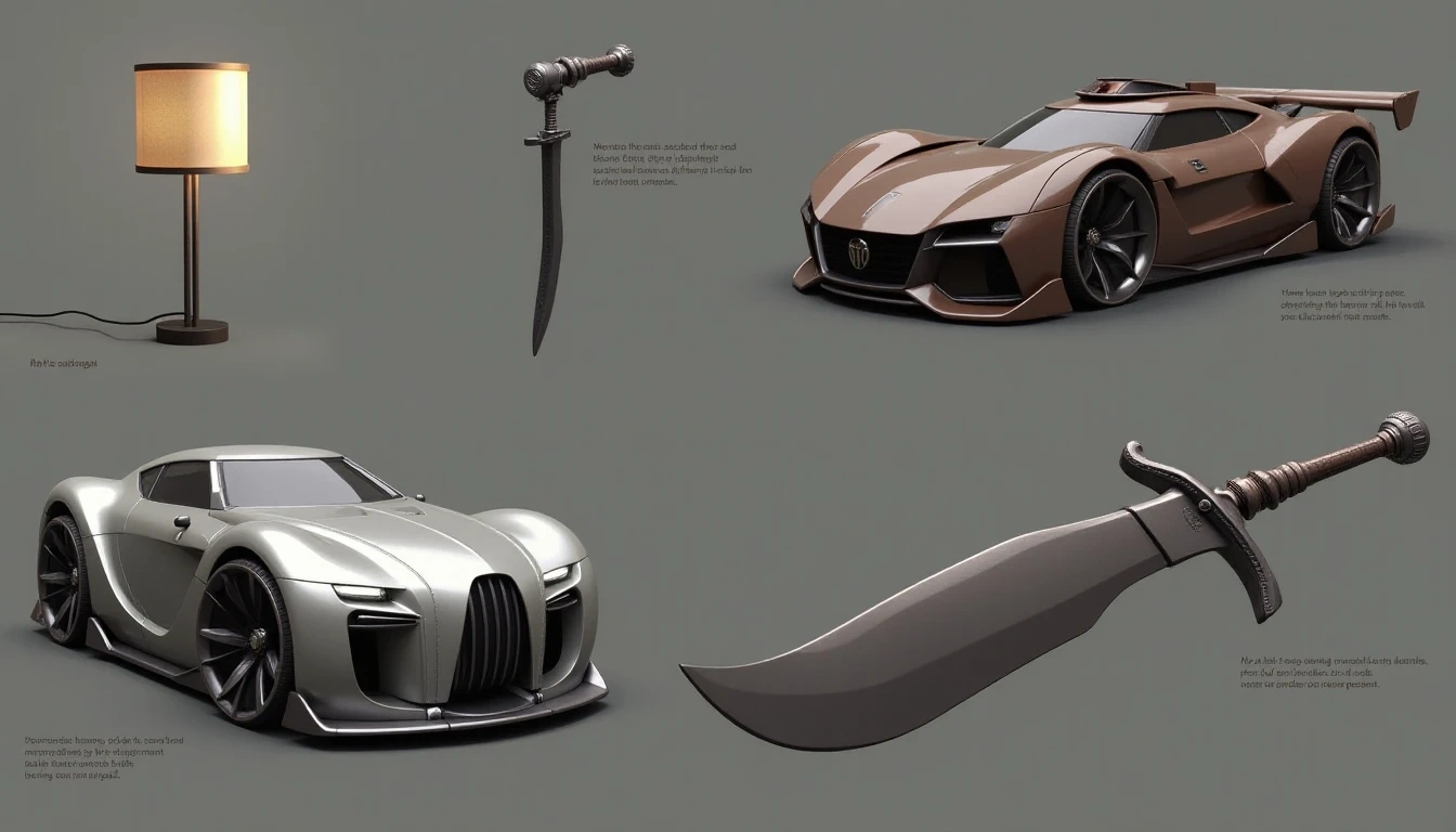 AI生成的各种3D物体阵列,展示了不同风格(现代简约灯、中世纪剑、未来汽车)和纹理(金属、皮革、光滑涂层表面),旁边附有优秀的提示词范例。