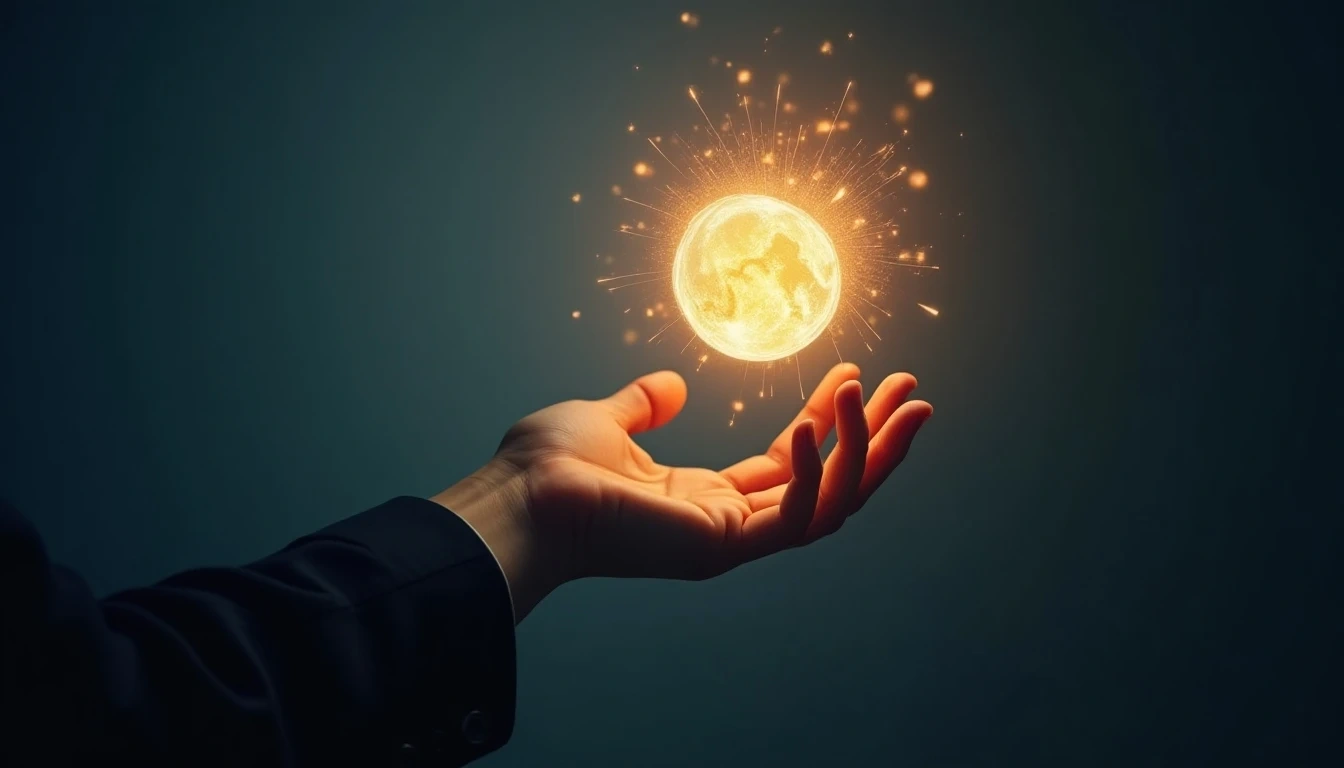 技能转型的视觉隐喻:设计师的手伸向代表“新技能”(AI熟练度、创意指导、商业敏锐度)的发光抽象形状,旧的、褪色的工具在背景中消退。动态、向上的运动。