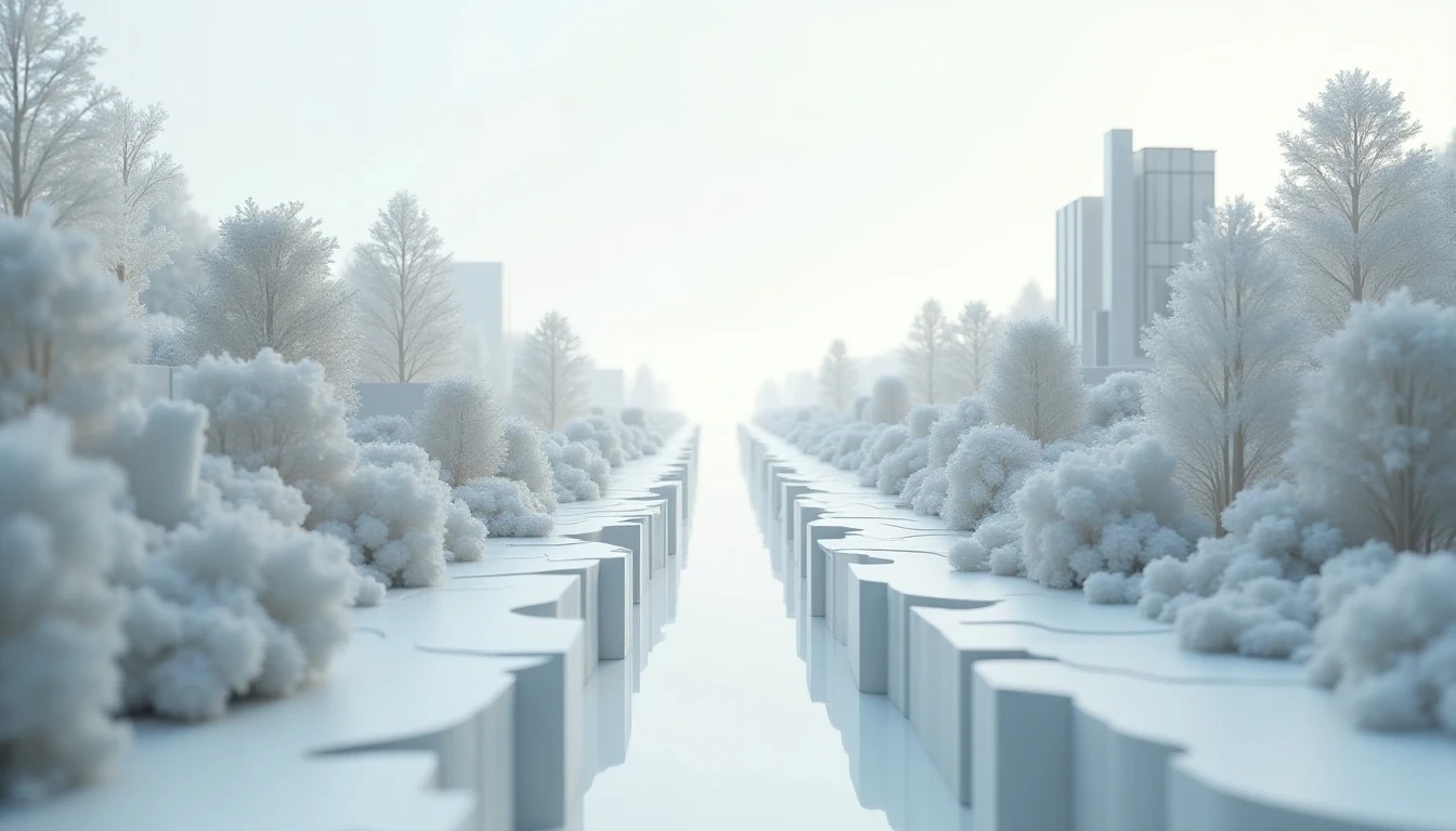 Two paths converging at one point, symbolizing the future fusion and collaboration of AI and traditional 3D modeling. One side shows hand-built detailed architectural models, the other shows abstract data flows and digital models, interweaving at the center to form an innovative future landscape.