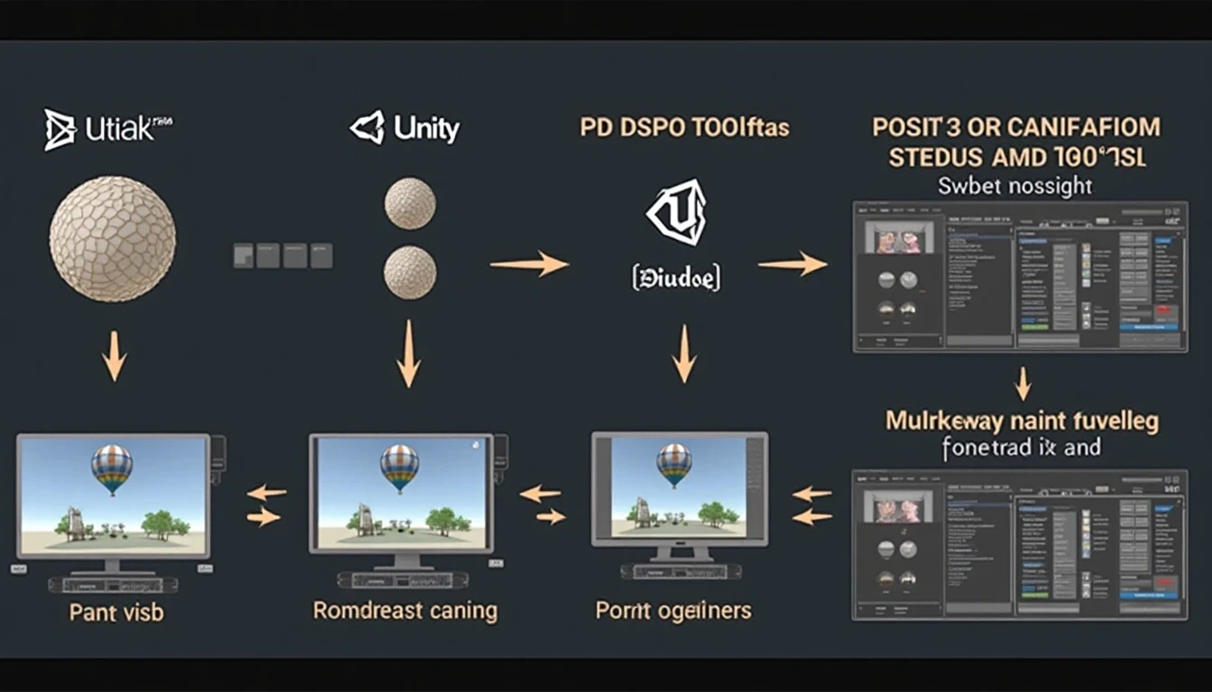 一个无缝的工作流程图,展示AI生成的3D模型被导入Unity和Unreal引擎界面,突出显示优化工具,说明集成和后期处理。