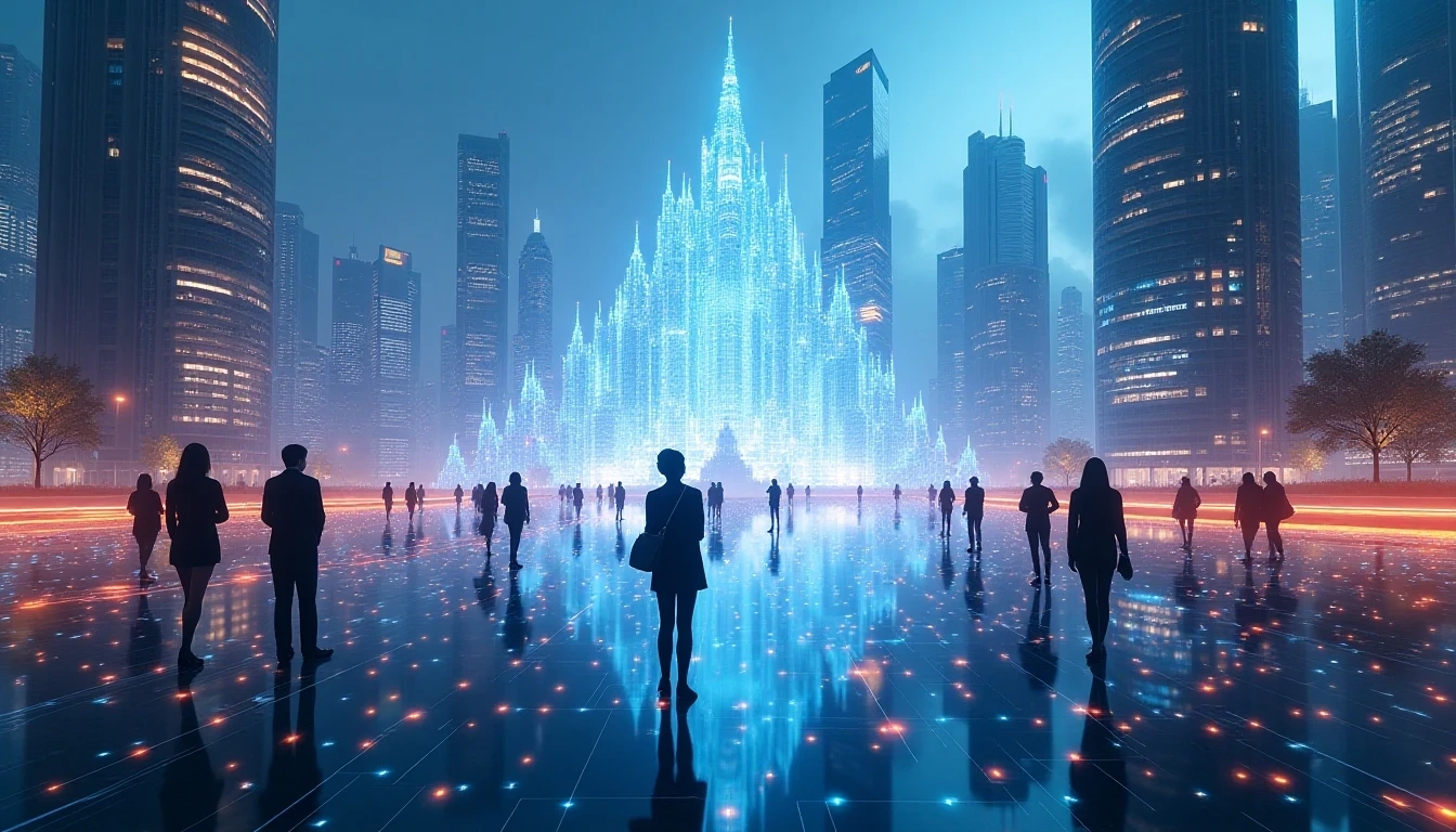 沉浸式元宇宙环境,虚拟城市景观拥有独特建筑设计,虚拟形象在充满活力的数字空间中互动,背景中可见智慧城市的数字孪生概念,发光的网络连接。