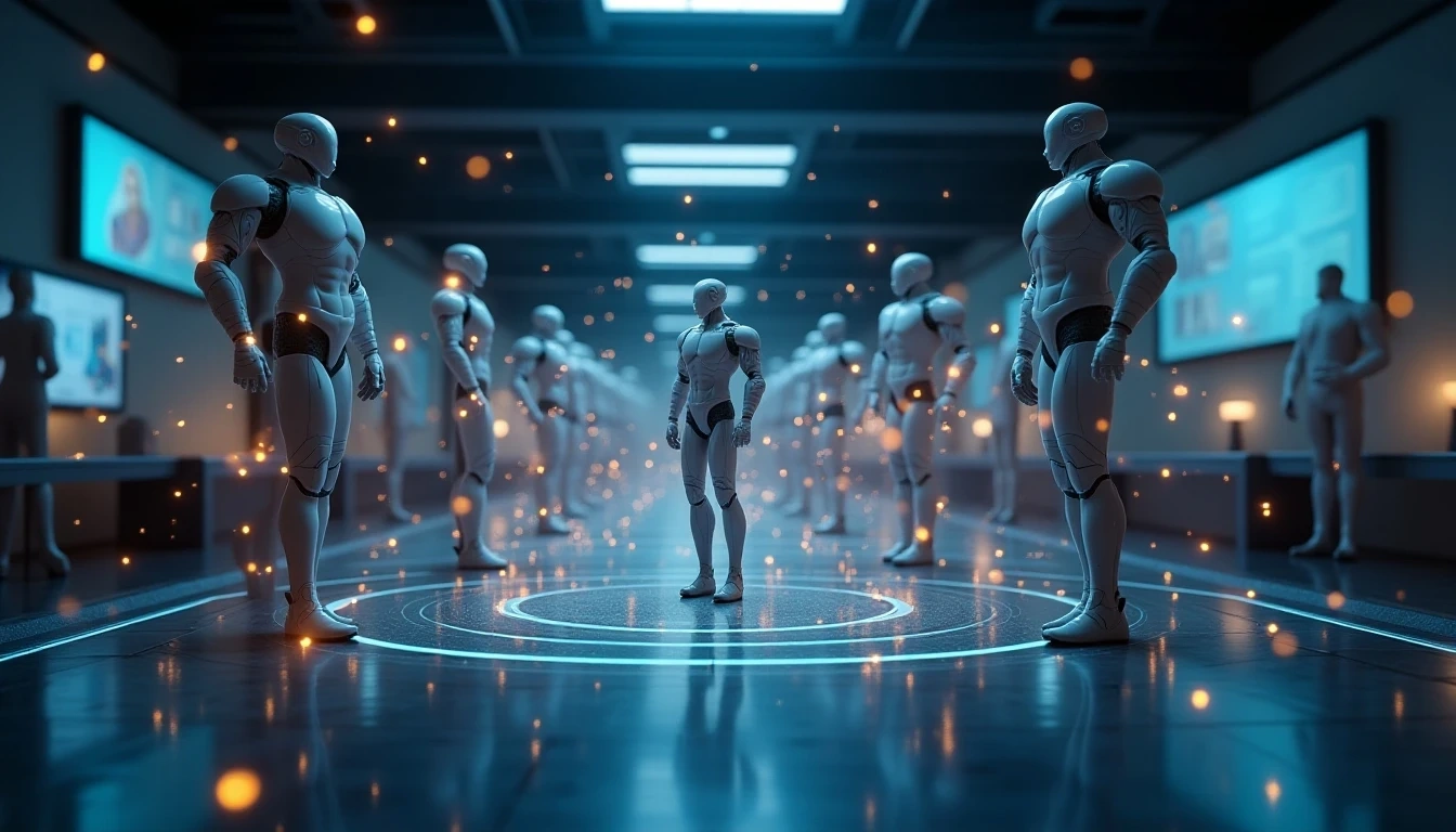 一个动态的未来AI界面,在数字空间中快速生成各种3D模型(角色、道具、环境),展示速度和效率。