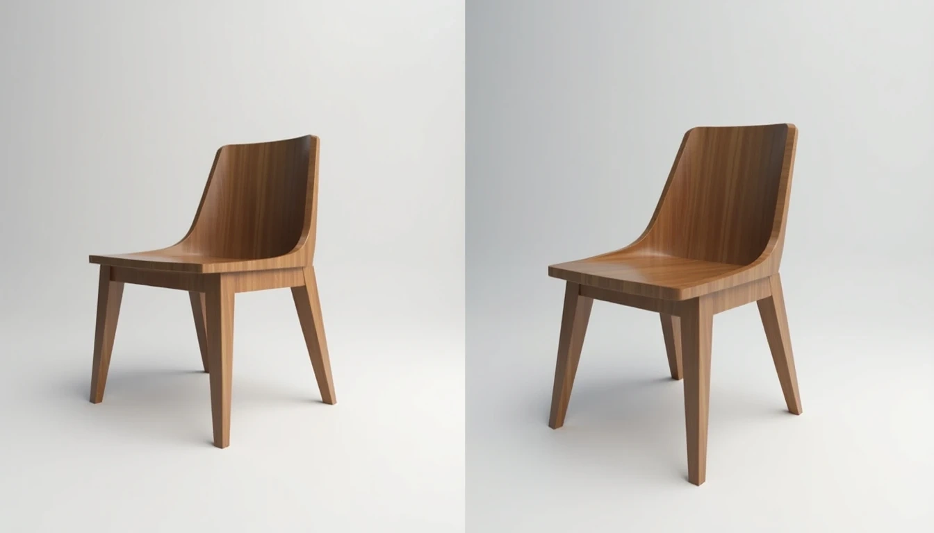 Left-right comparison: one side shows 2D photo of object, the other side shows high-quality rendered 3D model of that object in digital interface, emphasizing the 2D to 3D conversion.